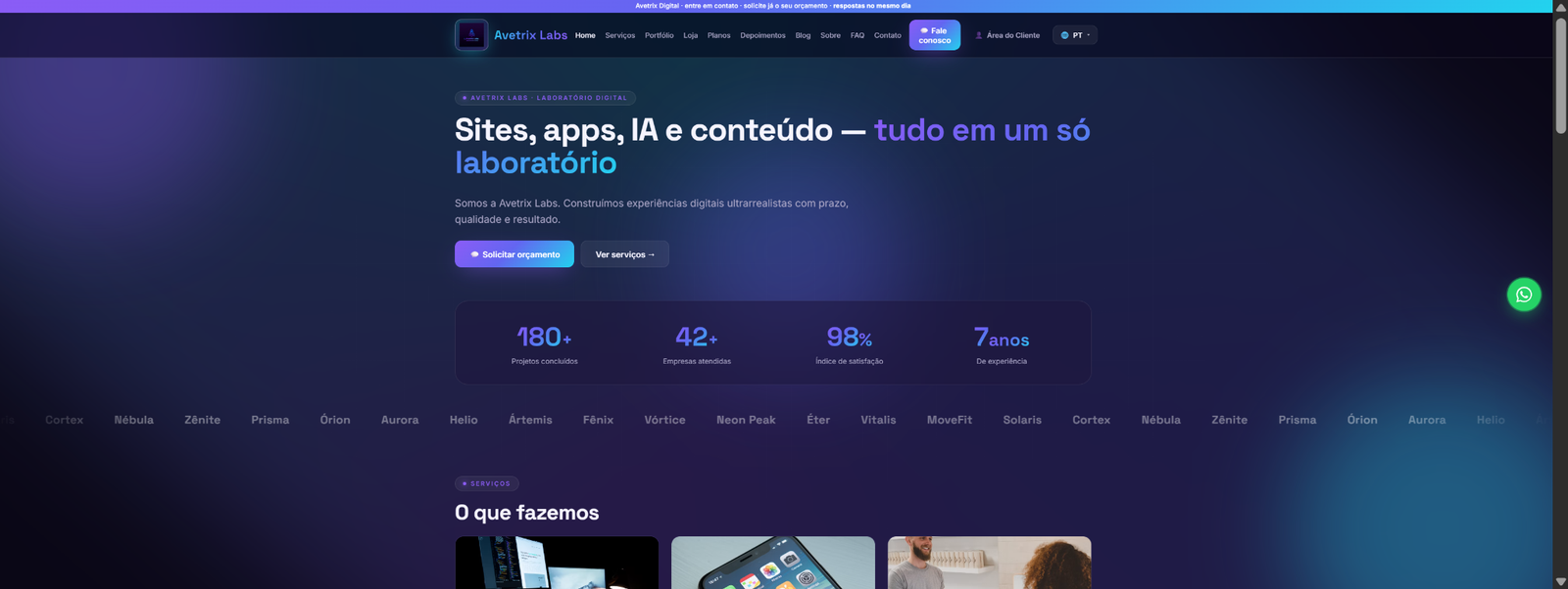 Captura de uma interface web da Avetrix Labs em tons de azul e violeta.